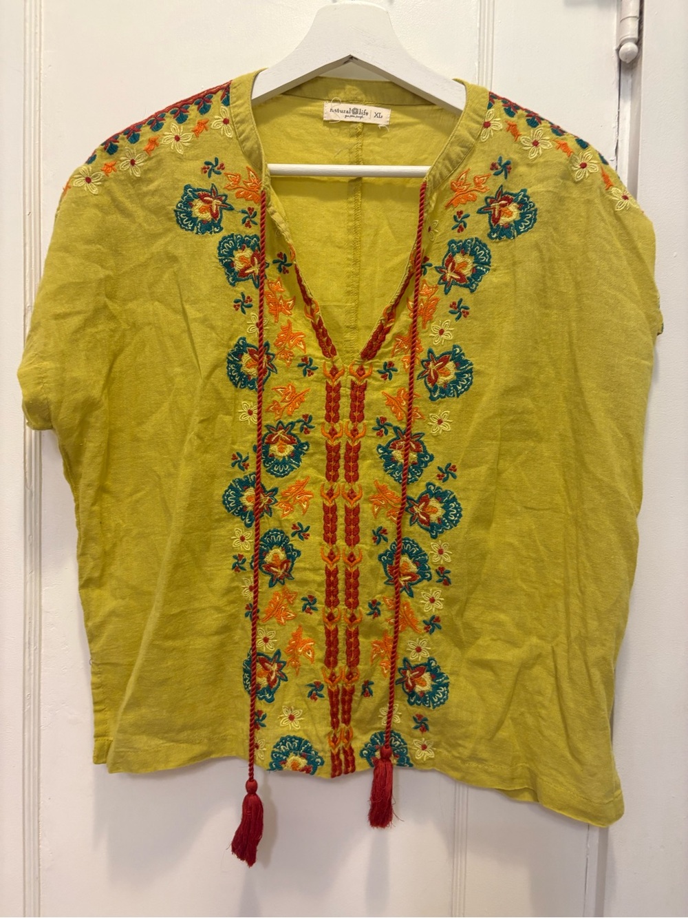 Natural Life Embroidered V-Neck Boho Top in Chartreuse with Tassels